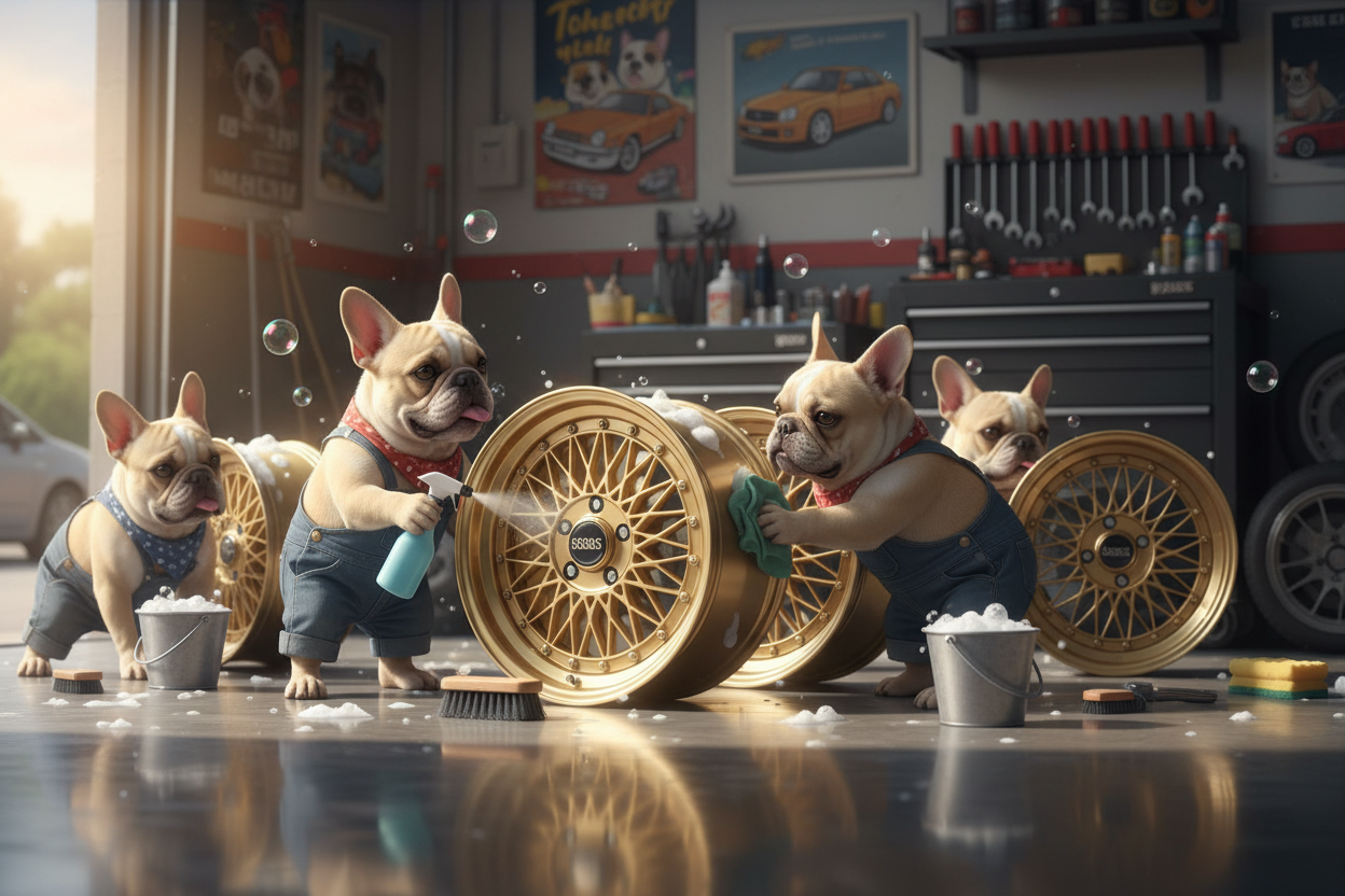 french bulldogs cleaning BBS wheels